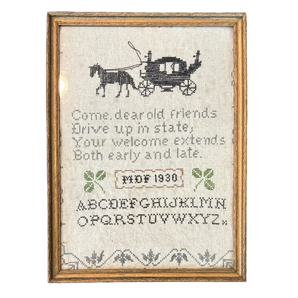 Vintage 1930 Embroidered Cross-Stitch Wall Art with Carriage Design